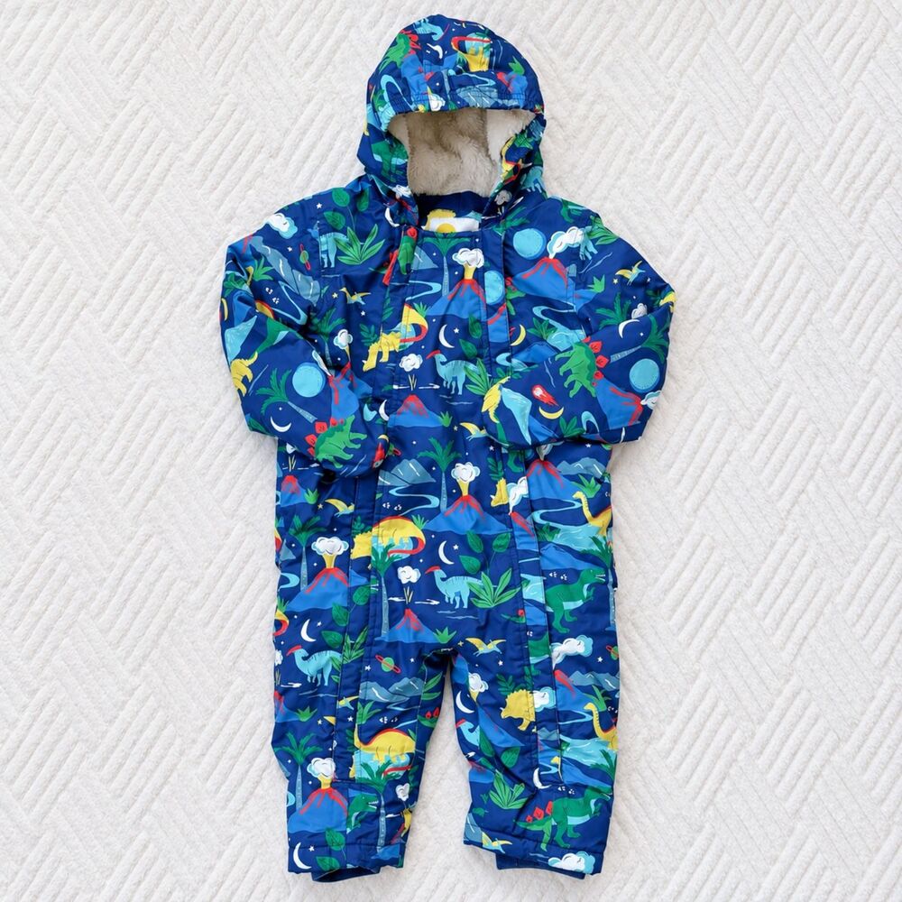 Baby Boden 12-18M Dinosaur Volcano Fleece Lined Hooded Bunting Snowsuit Blue